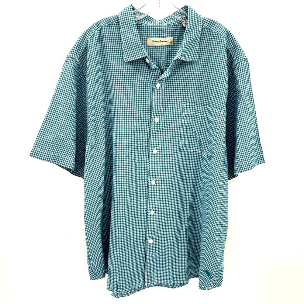 Tommy Bahama men’s linen cotton checkered short sleeve button front shirt